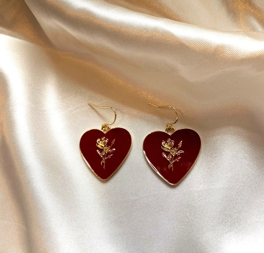 Dark red heart with gold rose dangle drop earrings on 18k gold plated hooks