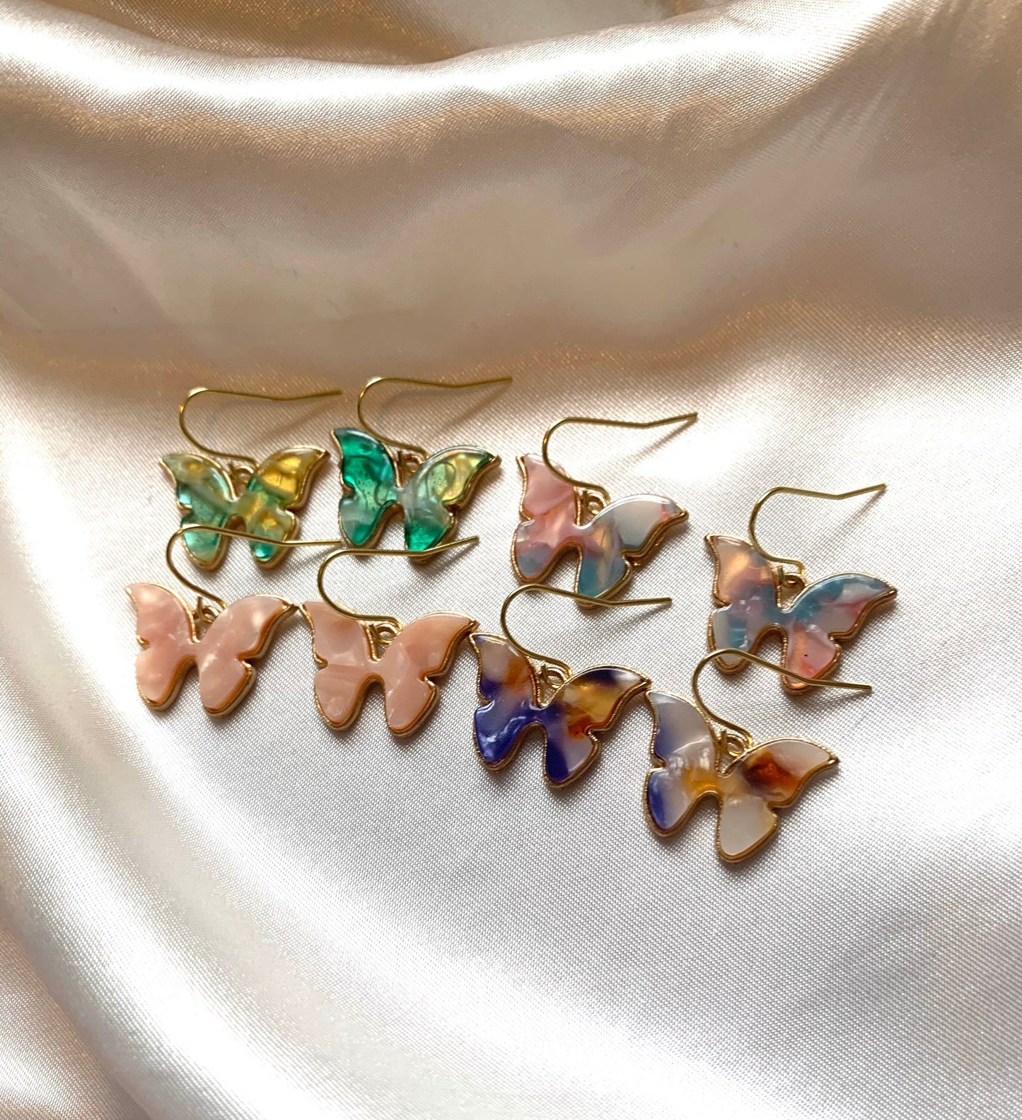 Colourful marble effect gold butterfly earrings
