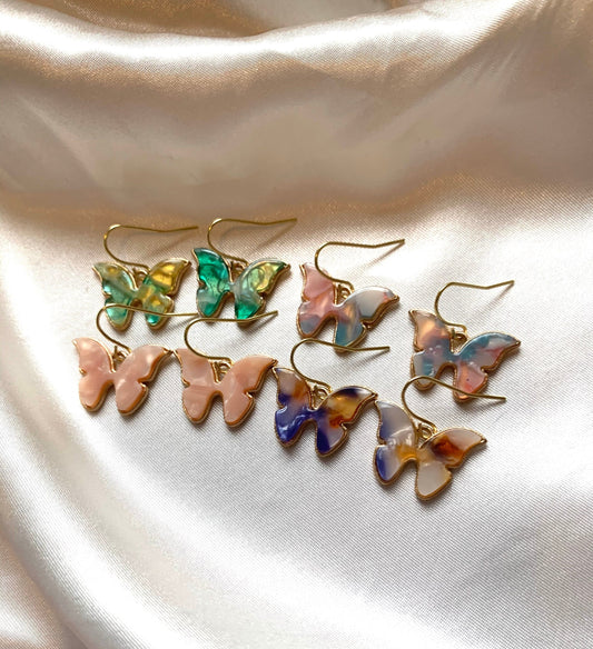 Colourful marble effect gold butterfly earrings