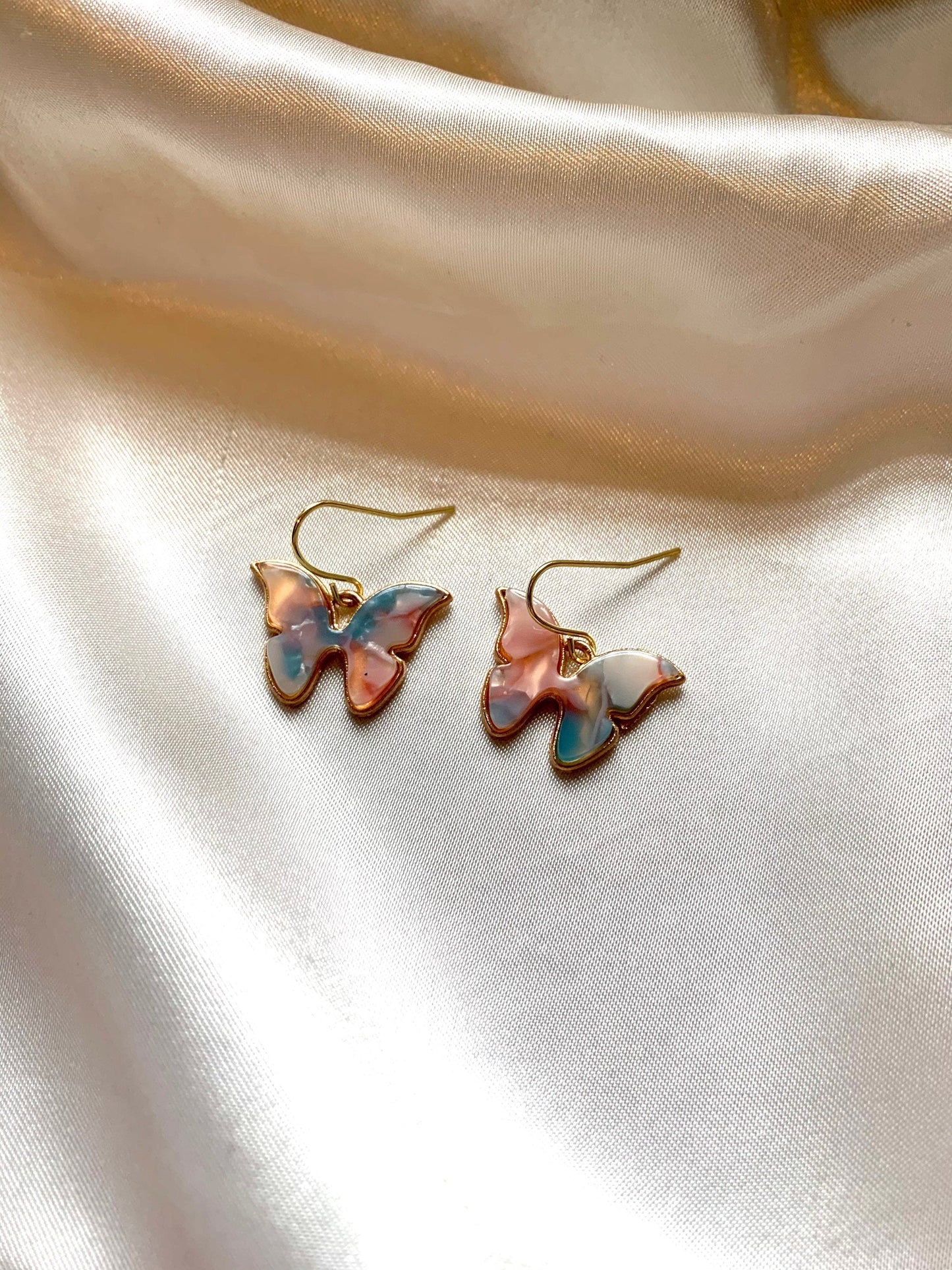 Colourful marble effect gold butterfly earrings