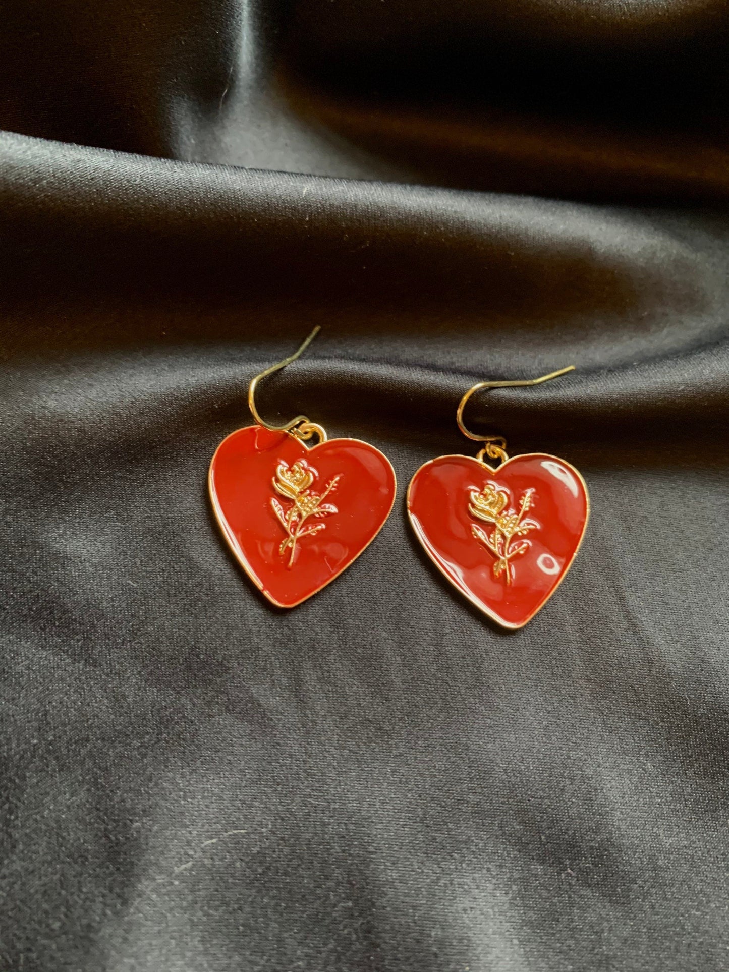 Dark red heart with gold rose dangle drop earrings on 18k gold plated hooks