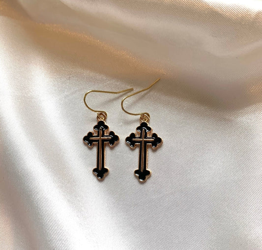 Black and gold cross dangle earrings on gold plated hooks