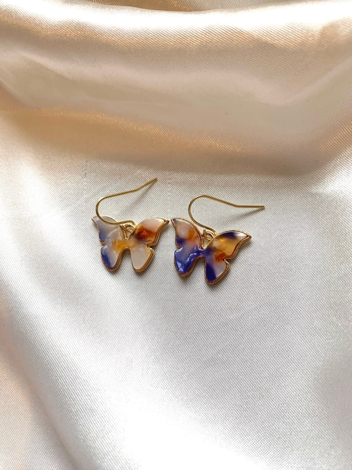 Colourful marble effect gold butterfly earrings