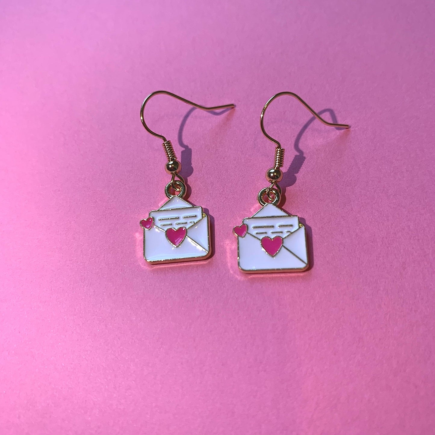 White pink heart love letter gold dangle earrings