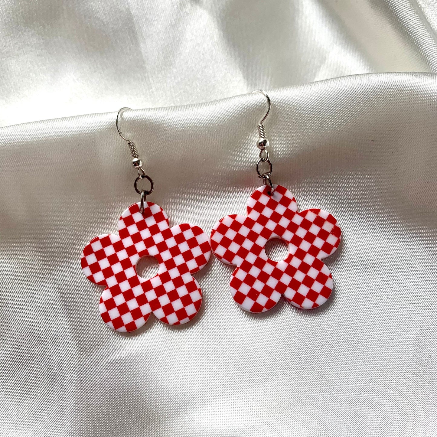 Red or yellow gingham checkerboard flower earrings