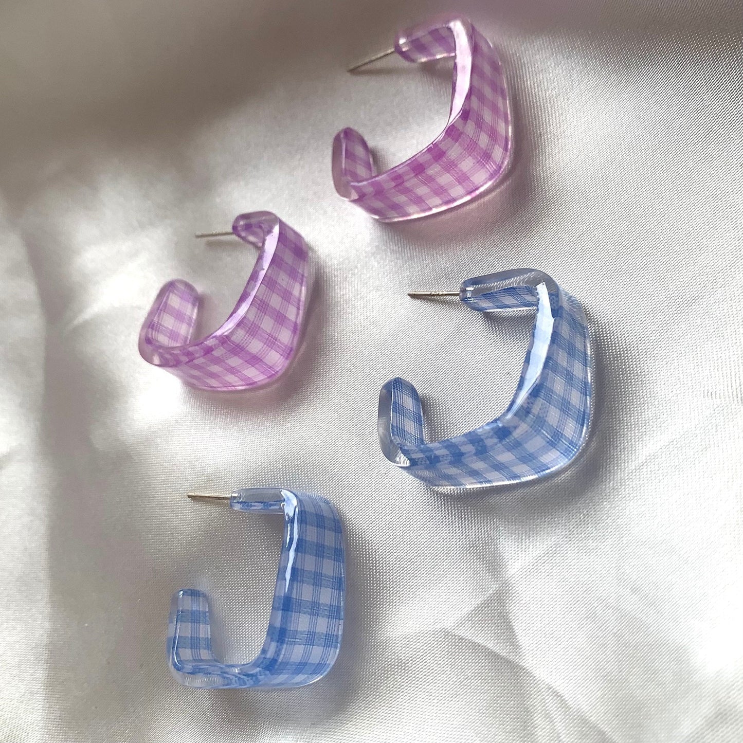 Purple or blue gingham square shaped hoop silver earrings
