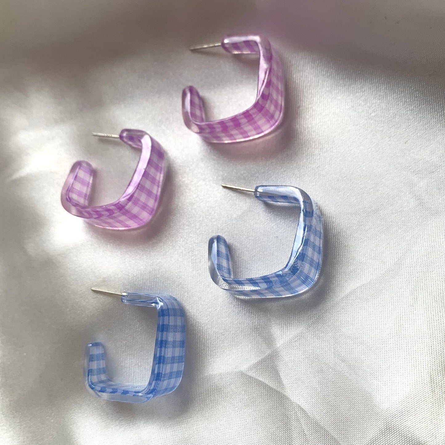 Purple or blue gingham square shaped hoop silver earrings