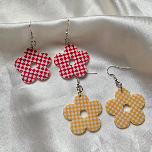 Red or yellow gingham checkerboard flower earrings