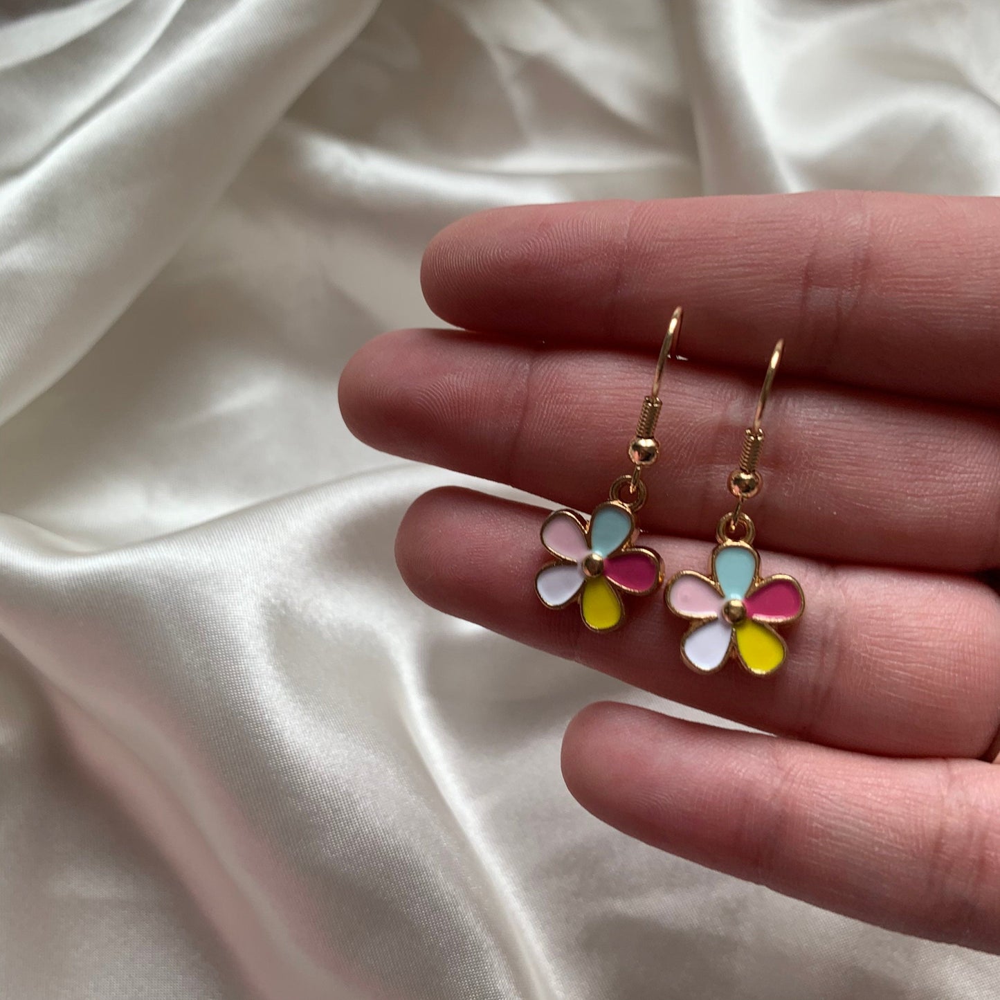 Rainbow flower dangle gold earrings