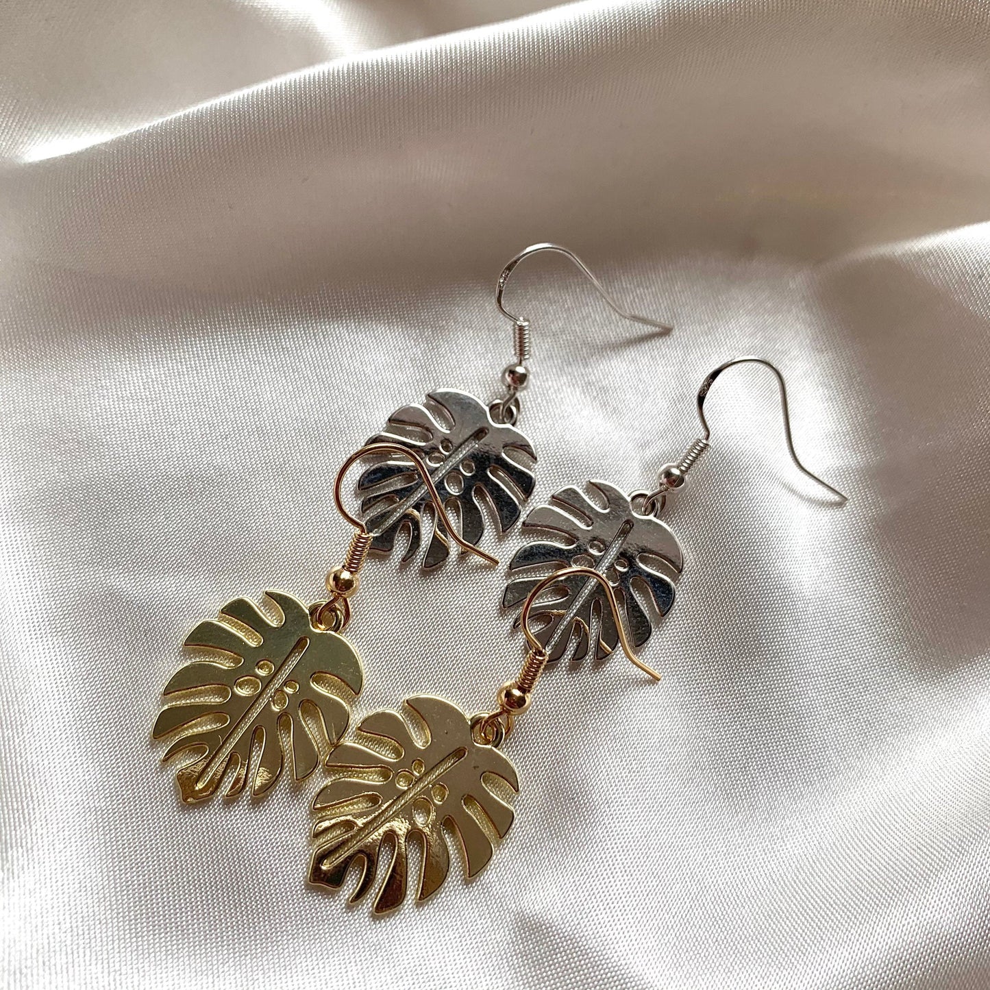 Cool minimalistic silver or gold leaf dangle drop earrings