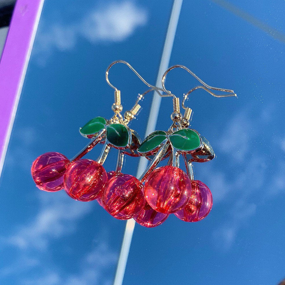 Cool quirky pink/ red 3D cherry gold earrings