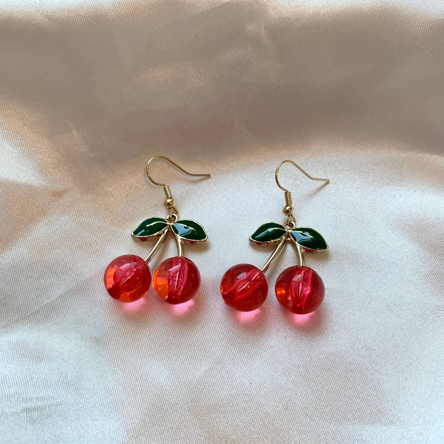 Cool quirky pink/ red 3D cherry gold earrings
