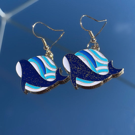 Blue, white and gold whale with wave earrings