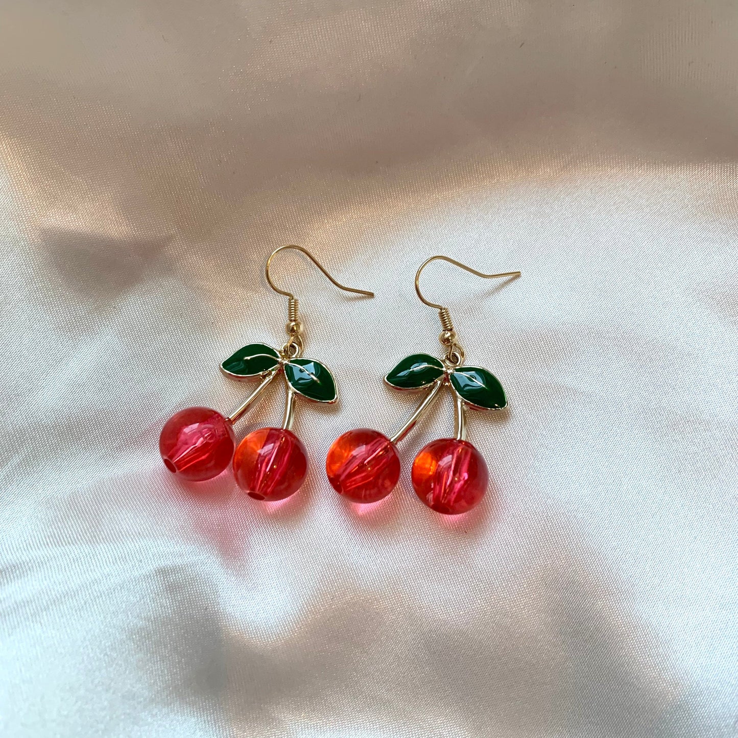 Cool quirky pink/ red 3D cherry gold earrings