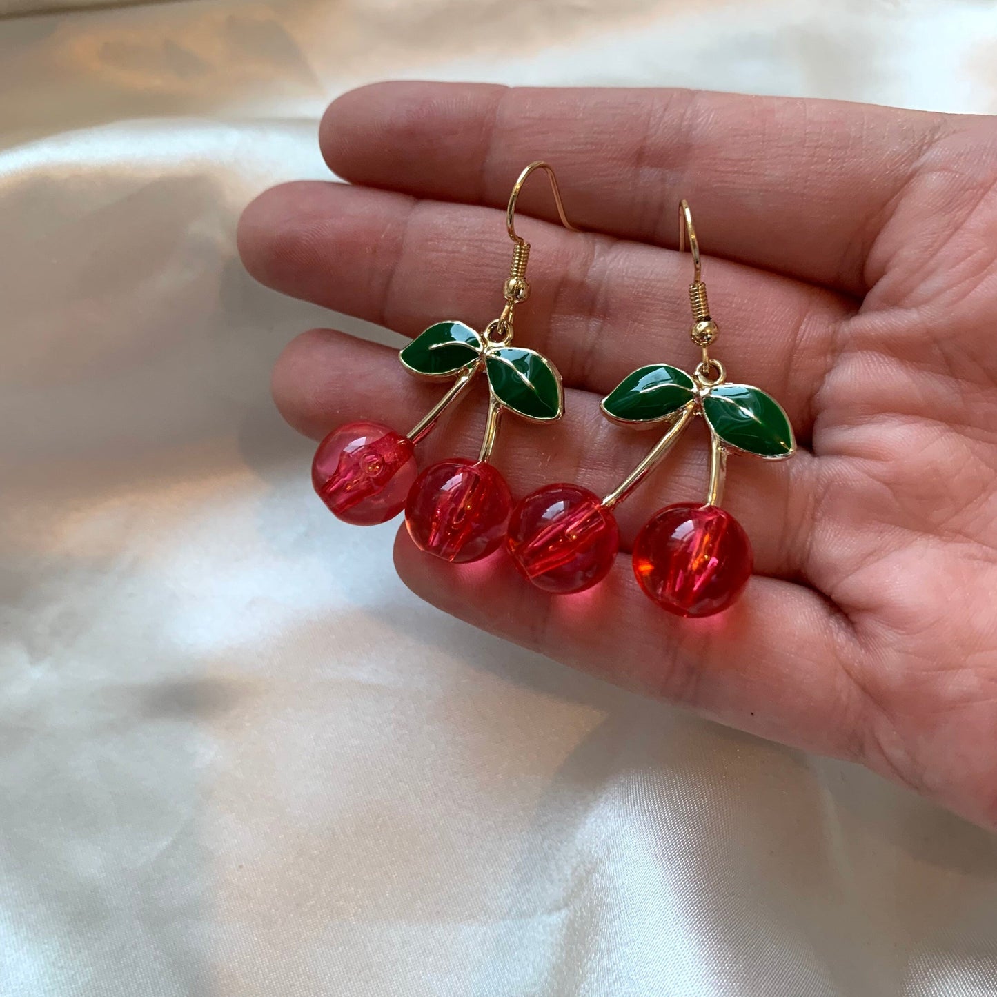 Cool quirky pink/ red 3D cherry gold earrings