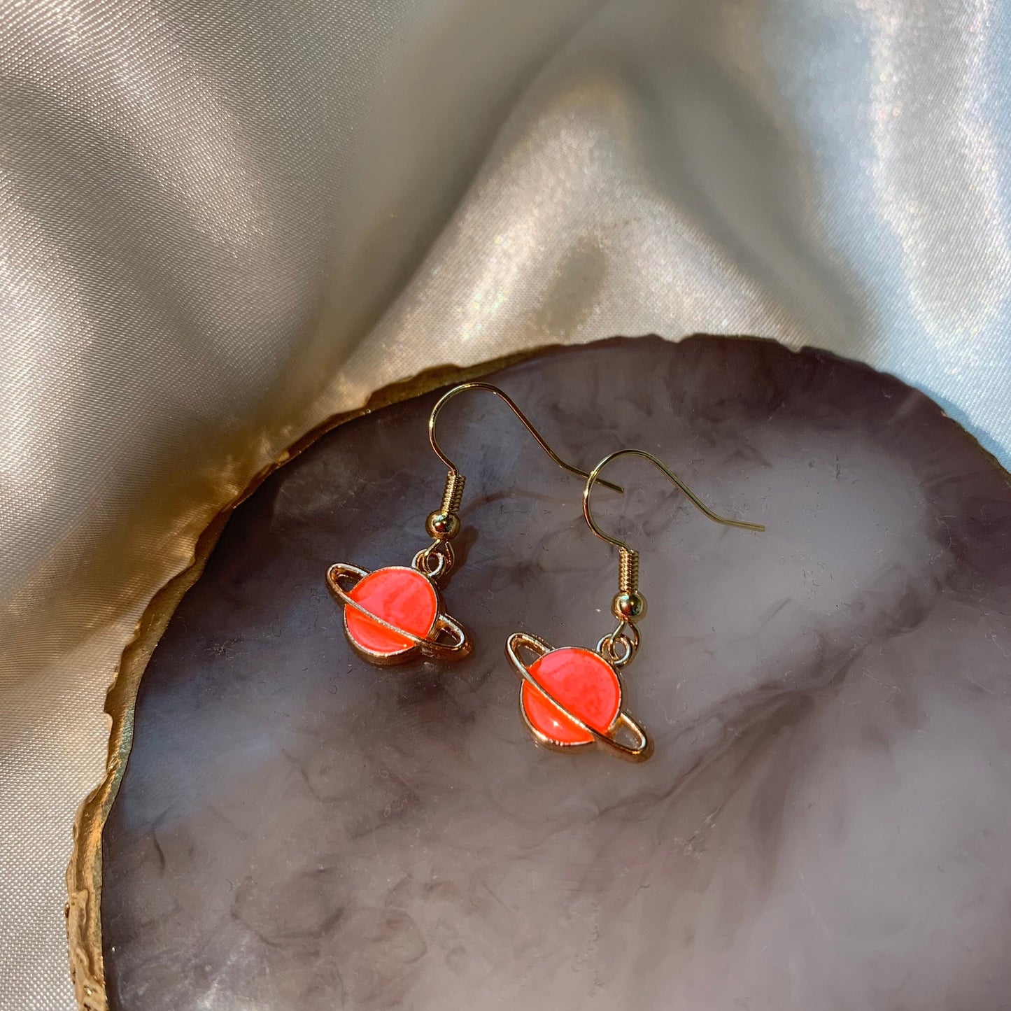 Cool quirky little blue or pink saturn planet drop dangle earrings