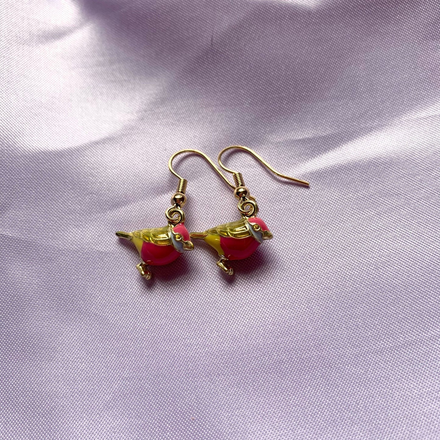 Blue or pink bird budgie gold dangle earrings