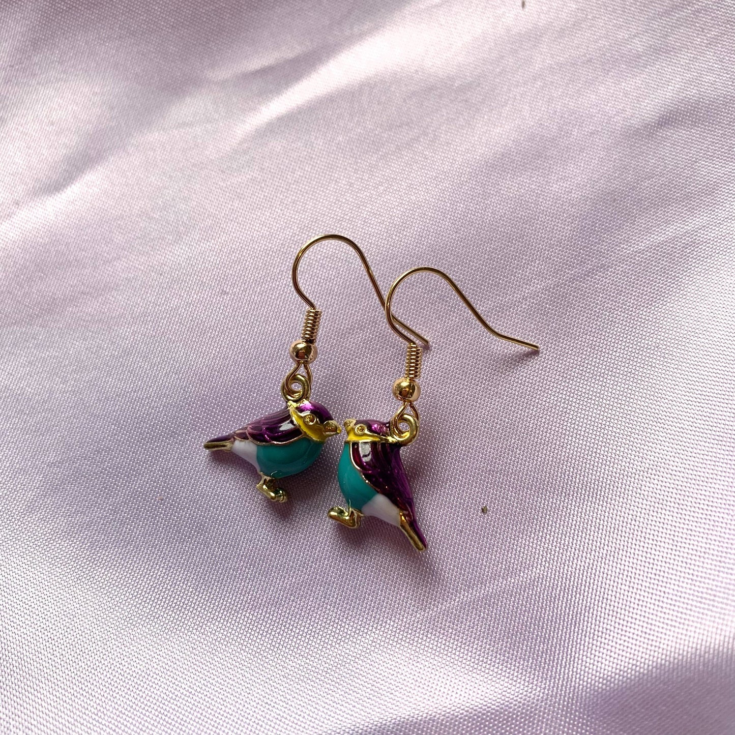 Blue or pink bird budgie gold dangle earrings