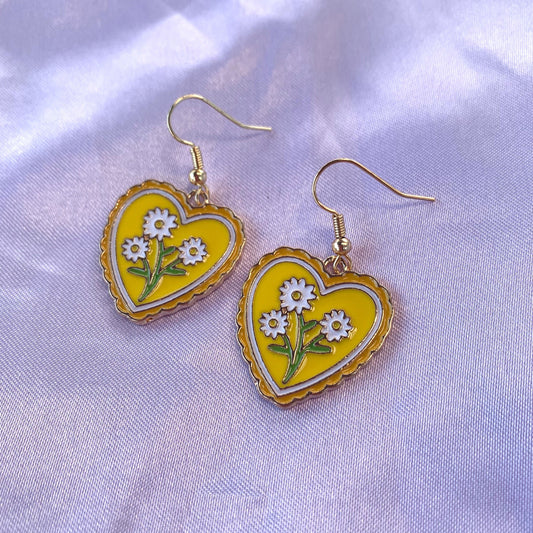 Yellow heart shape gold flower drop dangle earrings