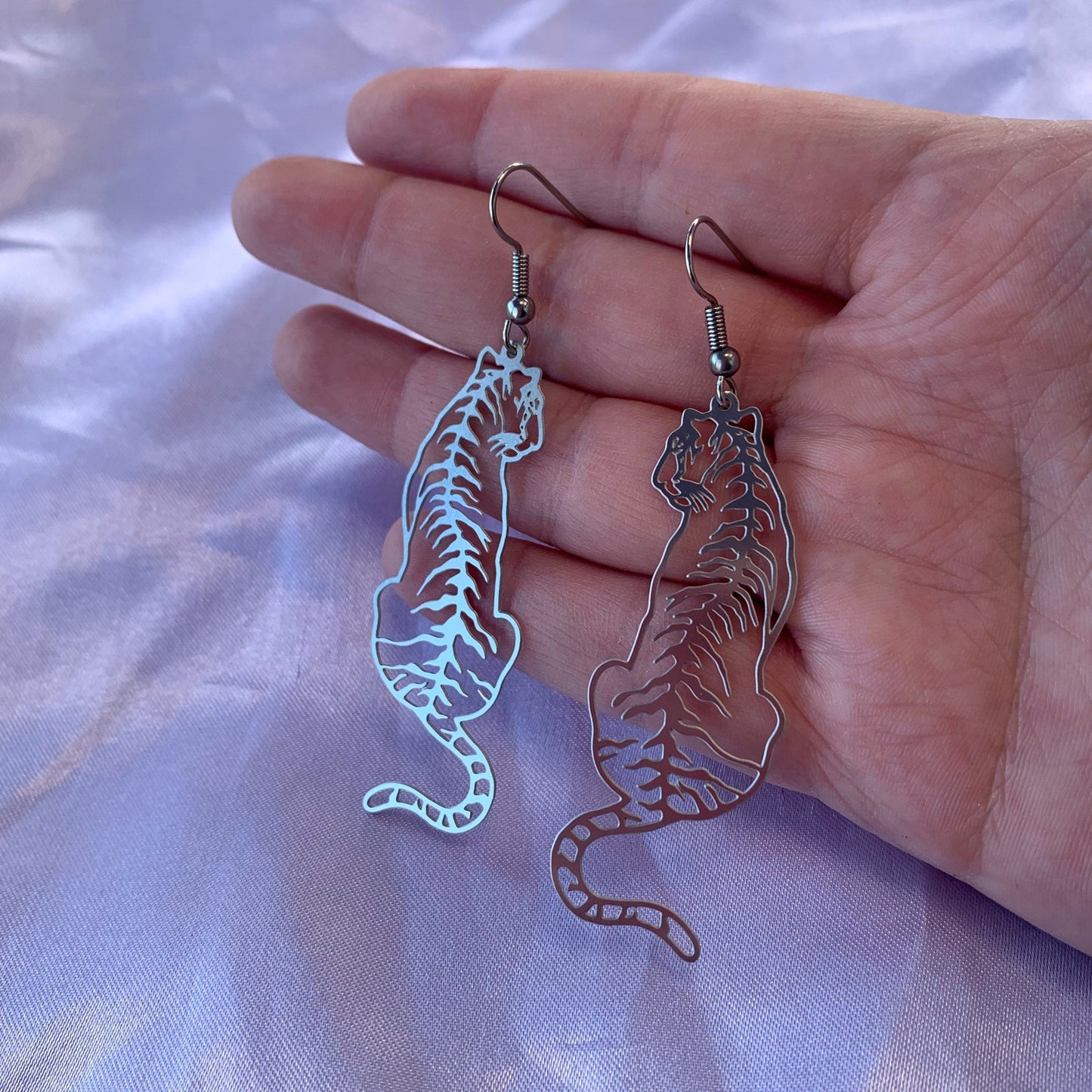 Big stainless steel silver tiger dangle earrings