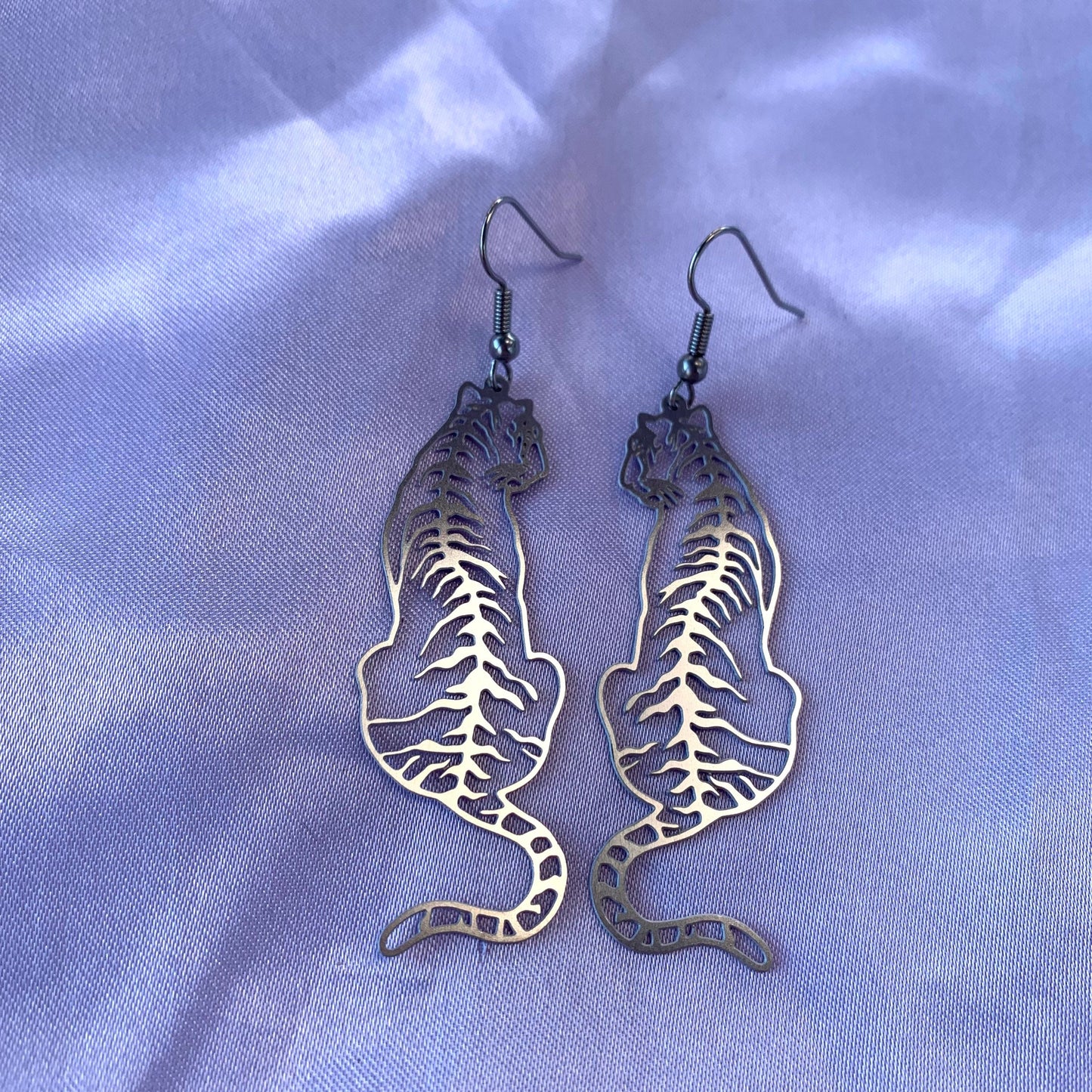 Big stainless steel silver tiger dangle earrings