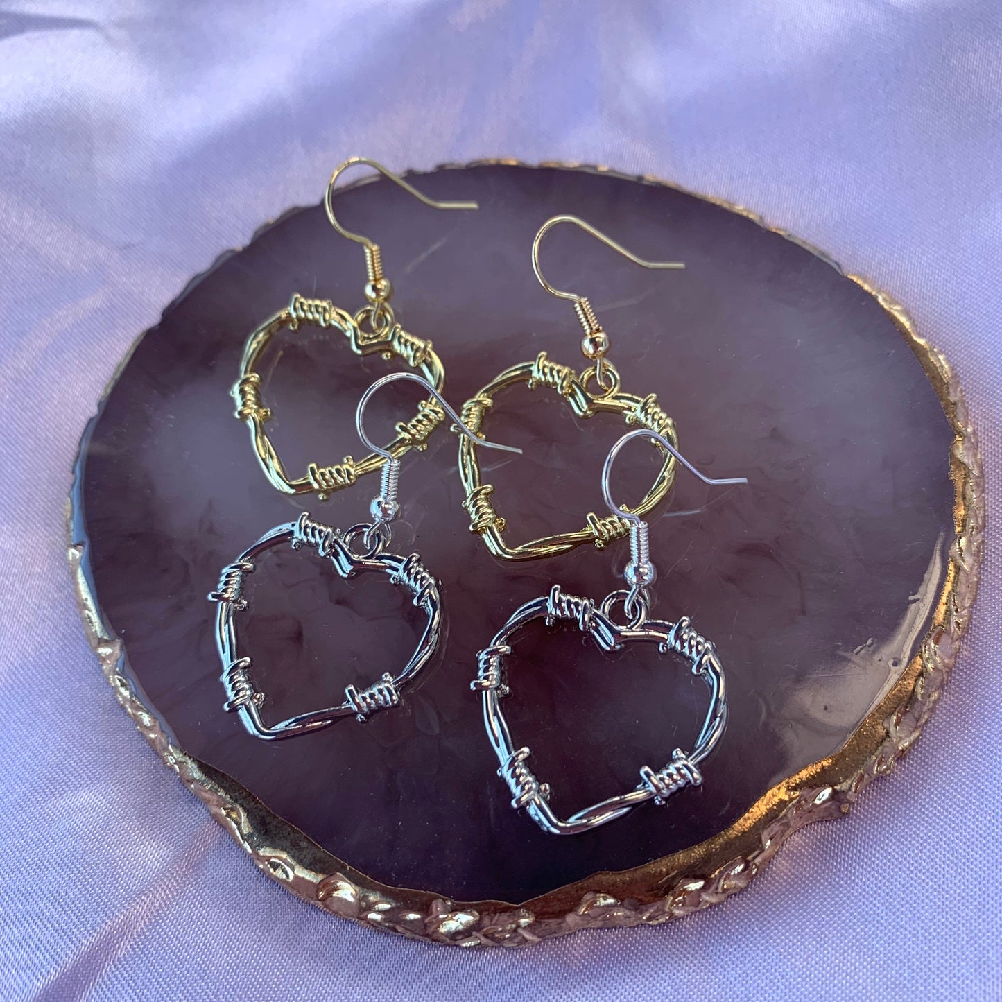 Silver or gold barb wire heart earrings
