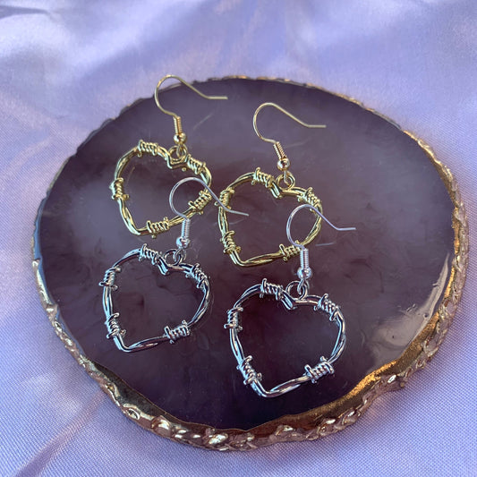 Silver or gold barb wire heart earrings