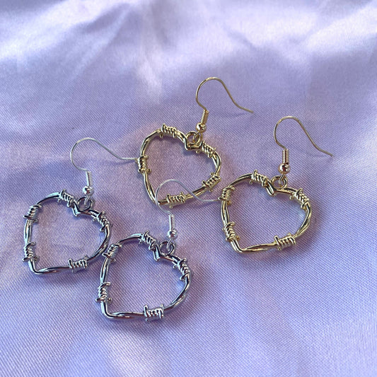 Silver or gold barb wire heart earrings