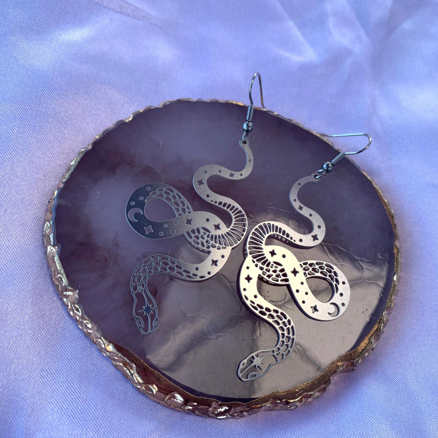 Cool quirky silver stainless steel statement celestial these moon star snake drop dangle earrings