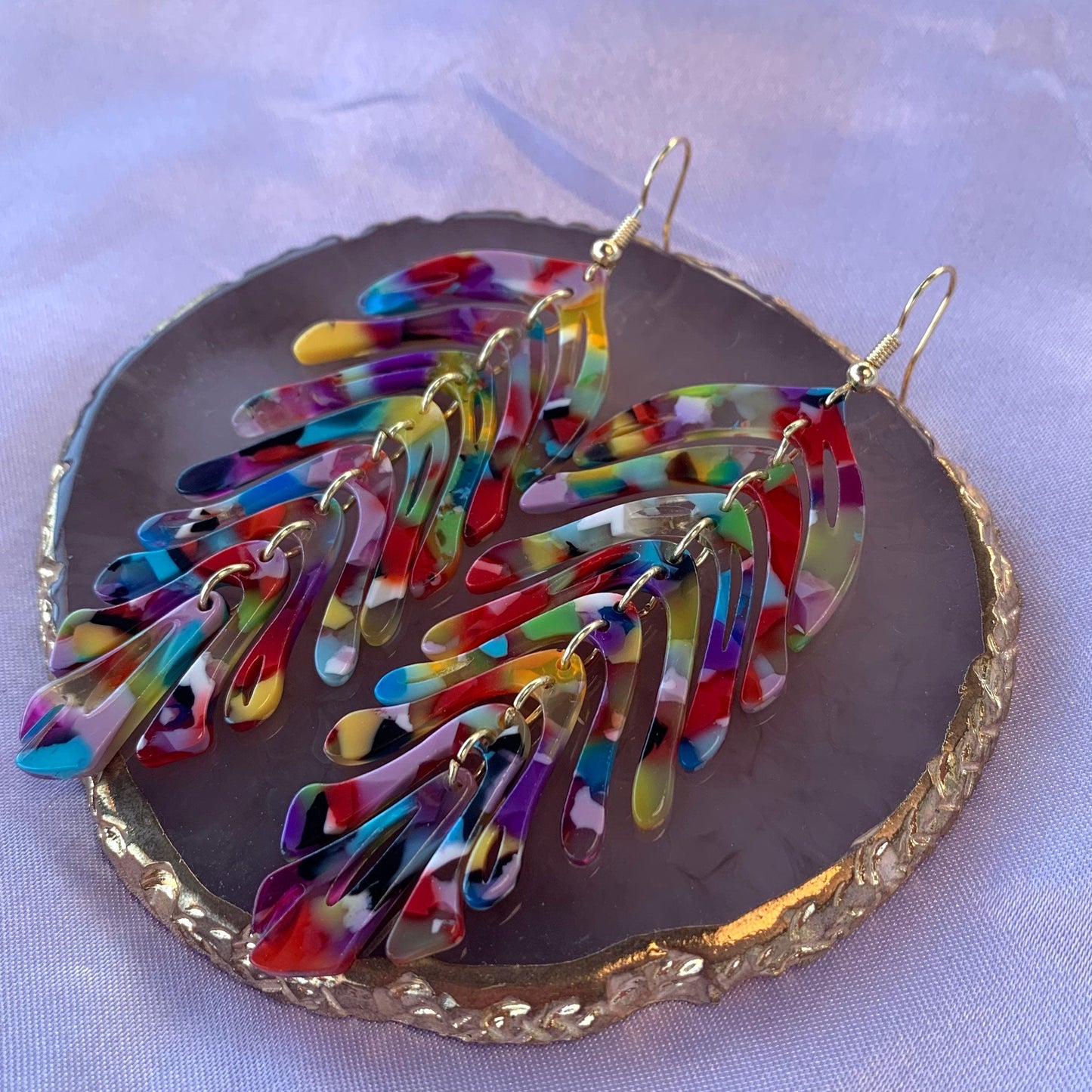 Large rainbow or green  dangle gold leaf earrings