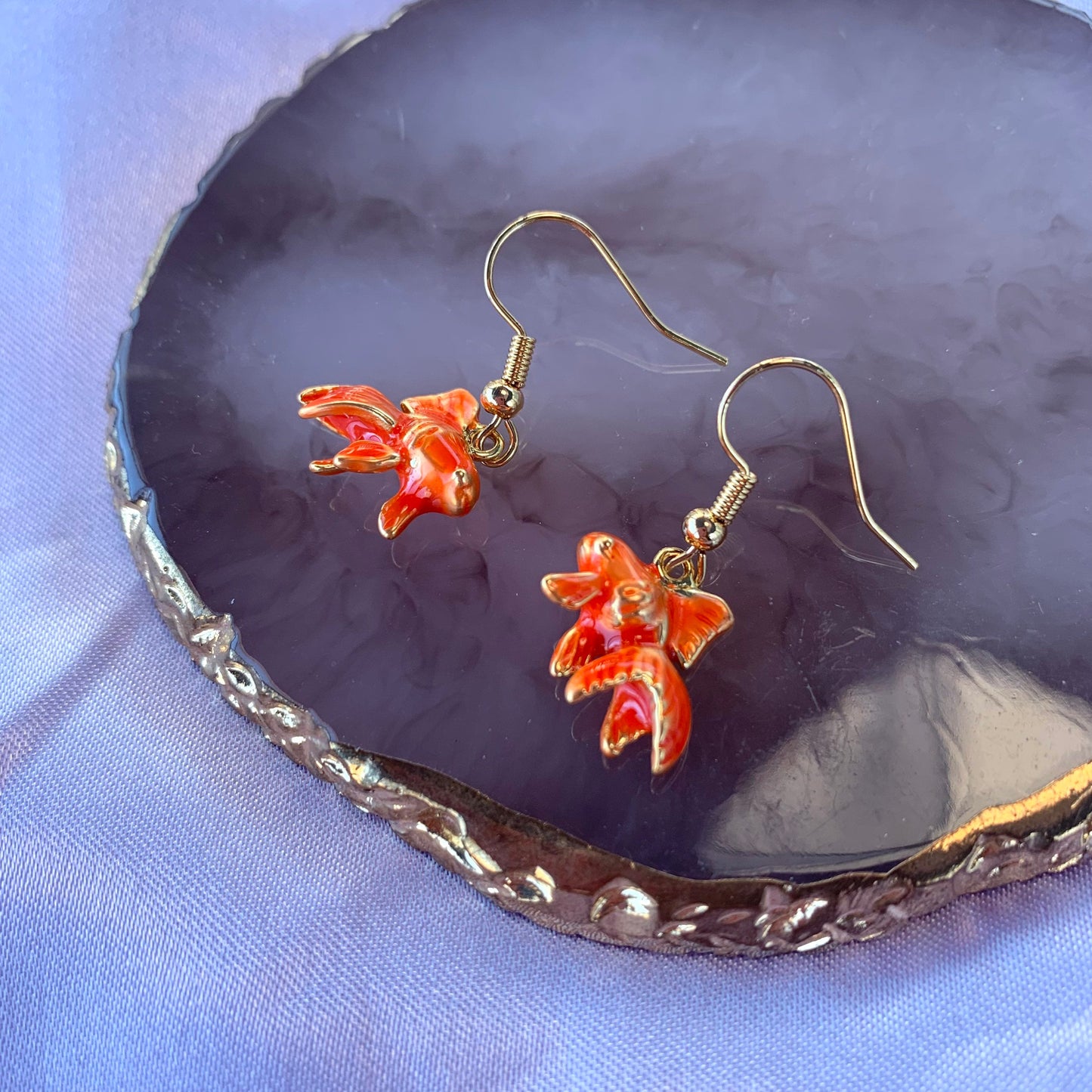 Orange 3D oranda fantail gold fish earrings
