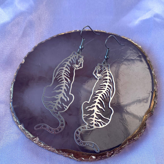 Big stainless steel silver tiger dangle earrings