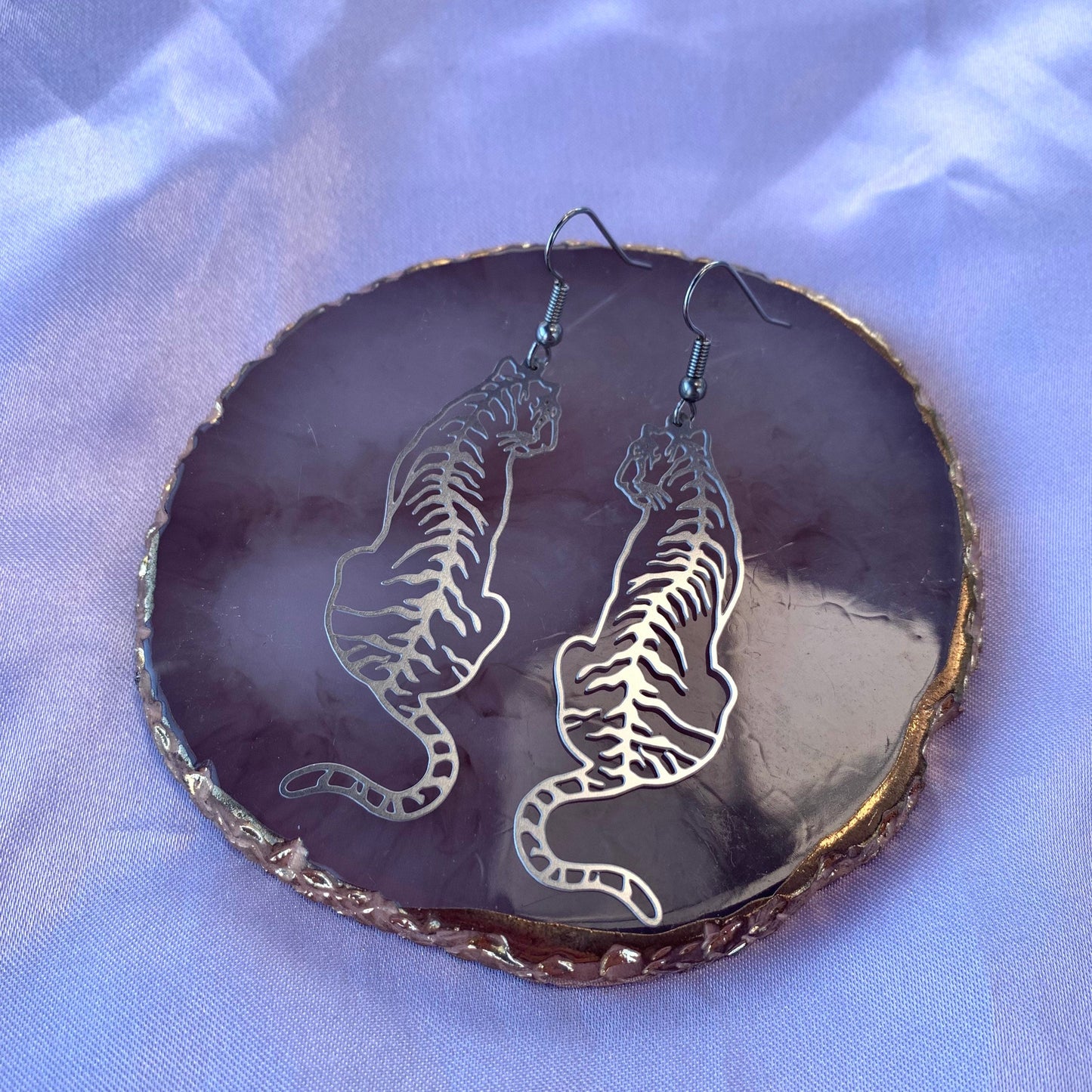 Big stainless steel silver tiger dangle earrings