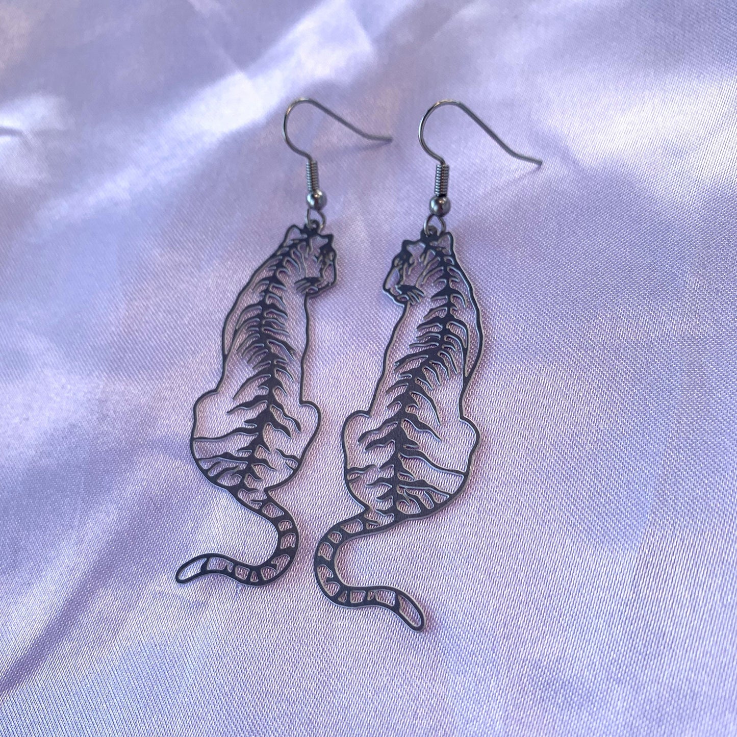 Big stainless steel silver tiger dangle earrings