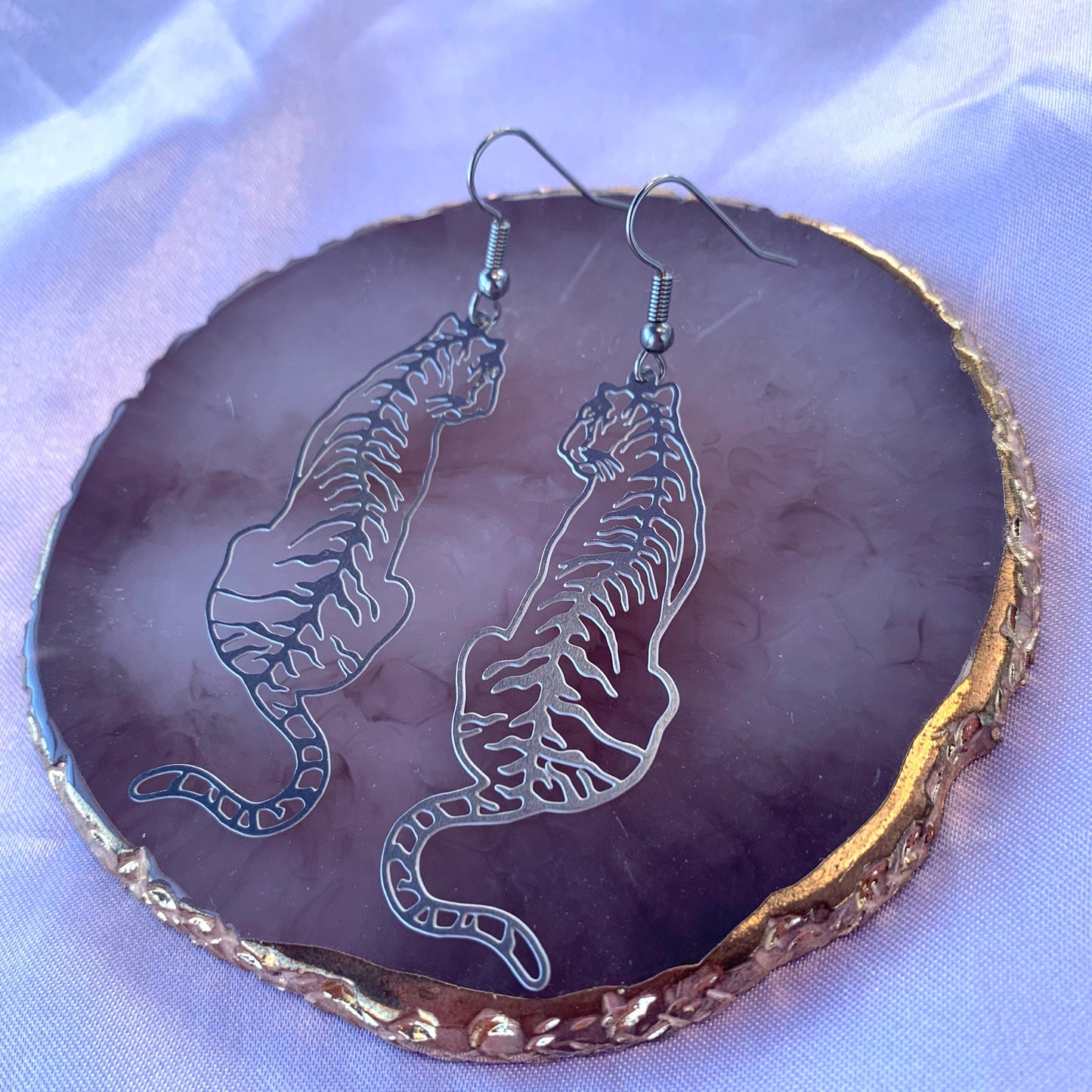 Big stainless steel silver tiger dangle earrings