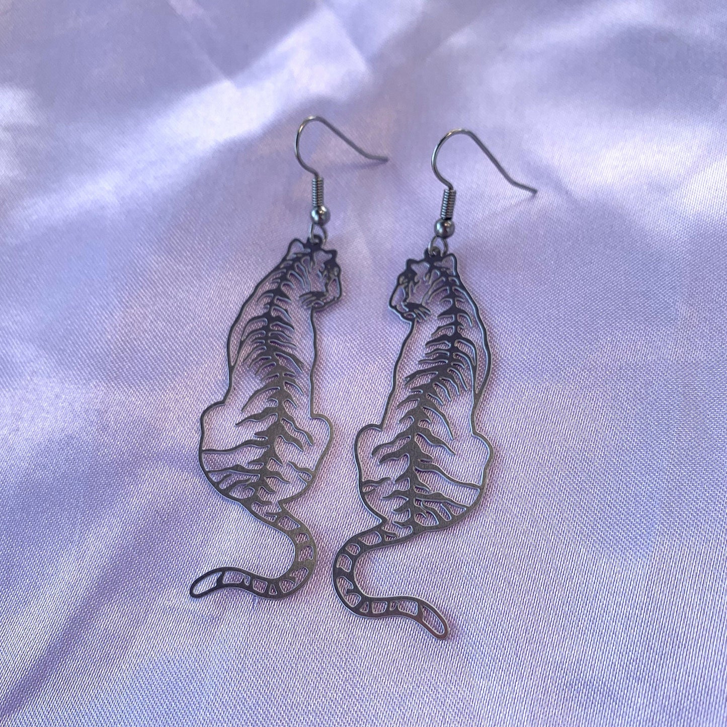 Big stainless steel silver tiger dangle earrings