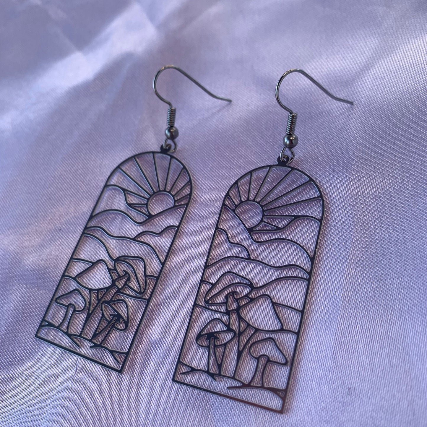 Stainless steel silver mushroom toadstool statement dangle earrings