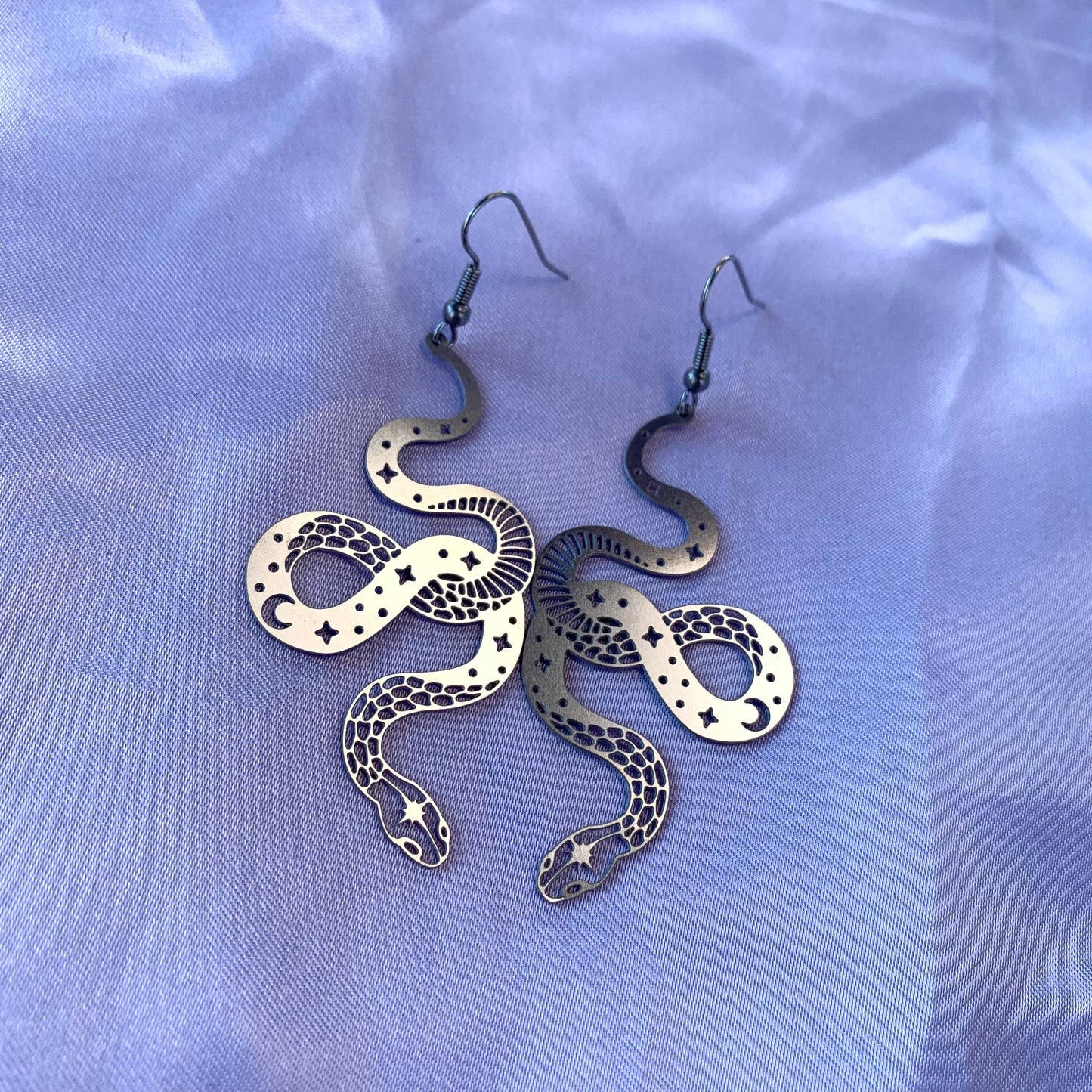 Cool quirky silver stainless steel statement celestial these moon star snake drop dangle earrings