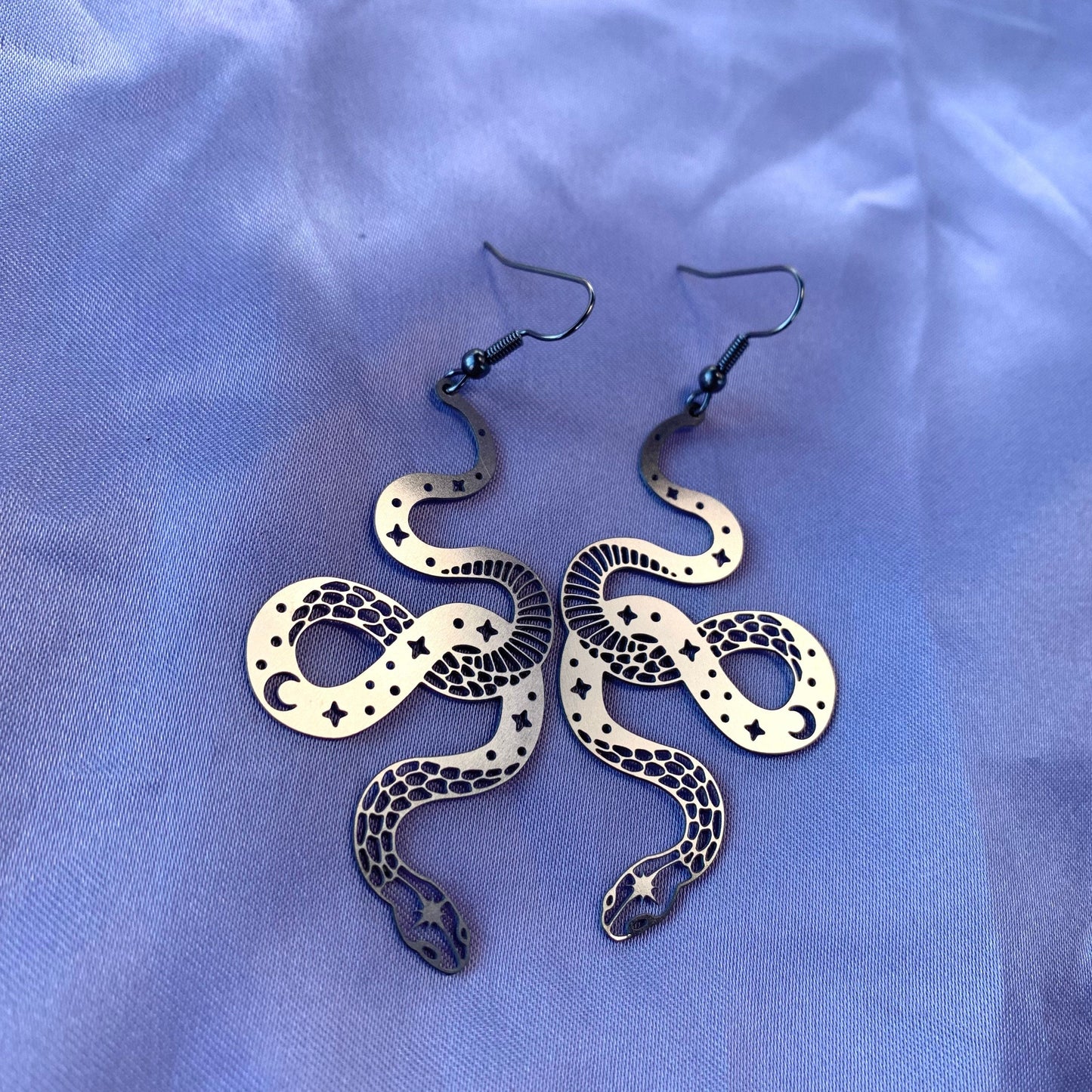 Cool quirky silver stainless steel statement celestial these moon star snake drop dangle earrings