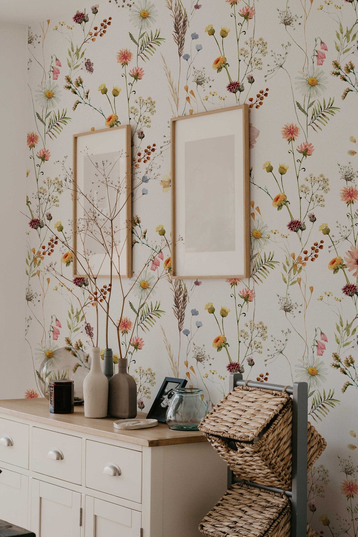Watercolour Wild Flower Wallpaper | Soft Botanical Field Floral Wall Mural | Little Florals with Grass Wallpaper | Peel and Stick or Traditional