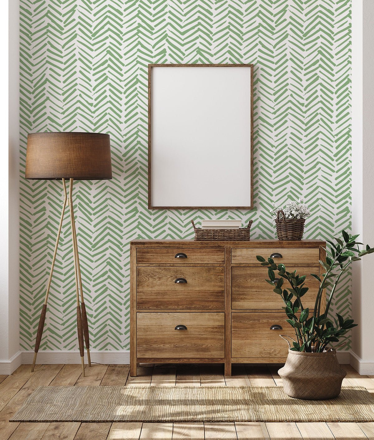 Green Chevron Wallpaper | Herringbone Wall Paper | Geometric Wall Decor | Minimalistic Boho Tribal | Peel and Stick or Traditional