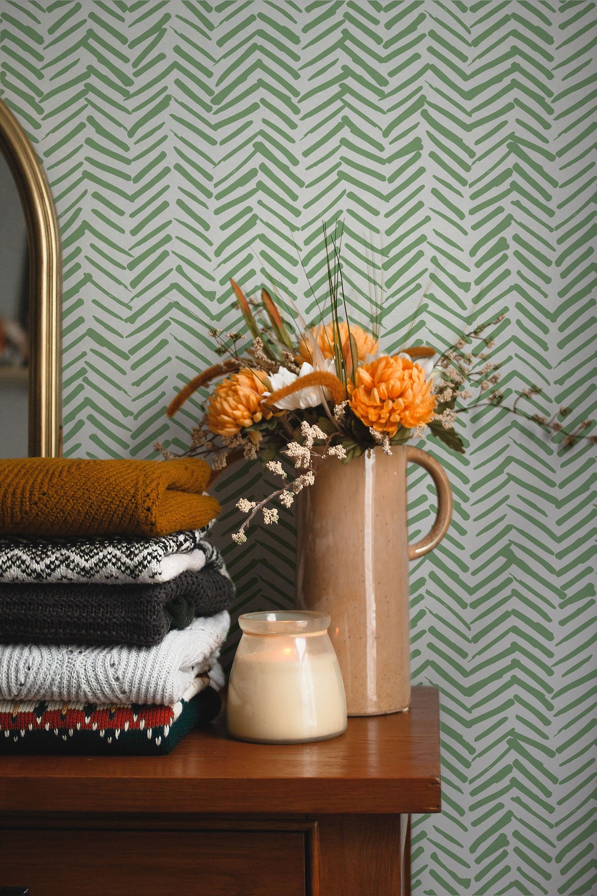Green Chevron Wallpaper | Herringbone Wall Paper | Geometric Wall Decor | Minimalistic Boho Tribal | Peel and Stick or Traditional