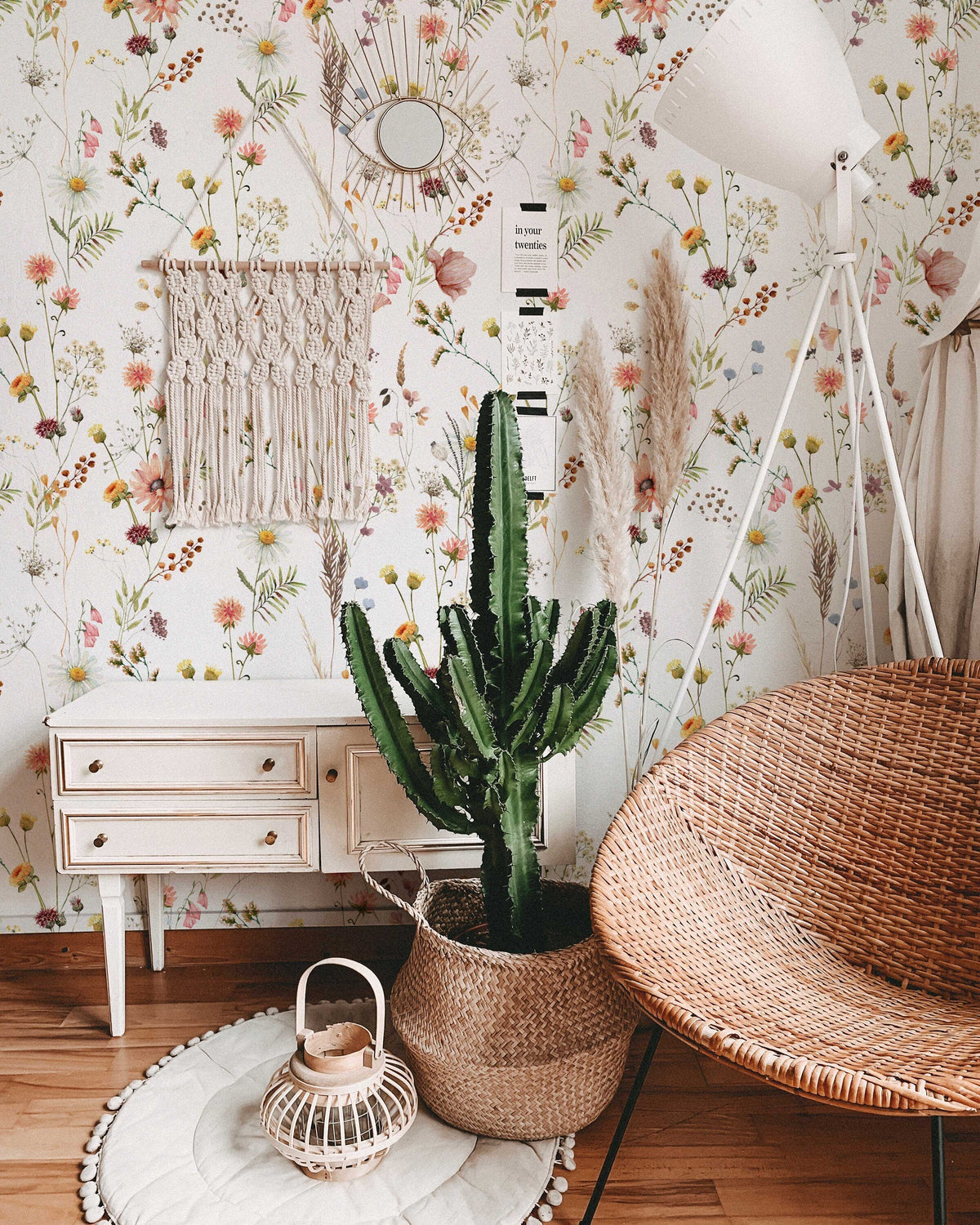 Watercolour Wild Flower Wallpaper | Soft Botanical Field Floral Wall Mural | Little Florals with Grass Wallpaper | Peel and Stick or Traditional