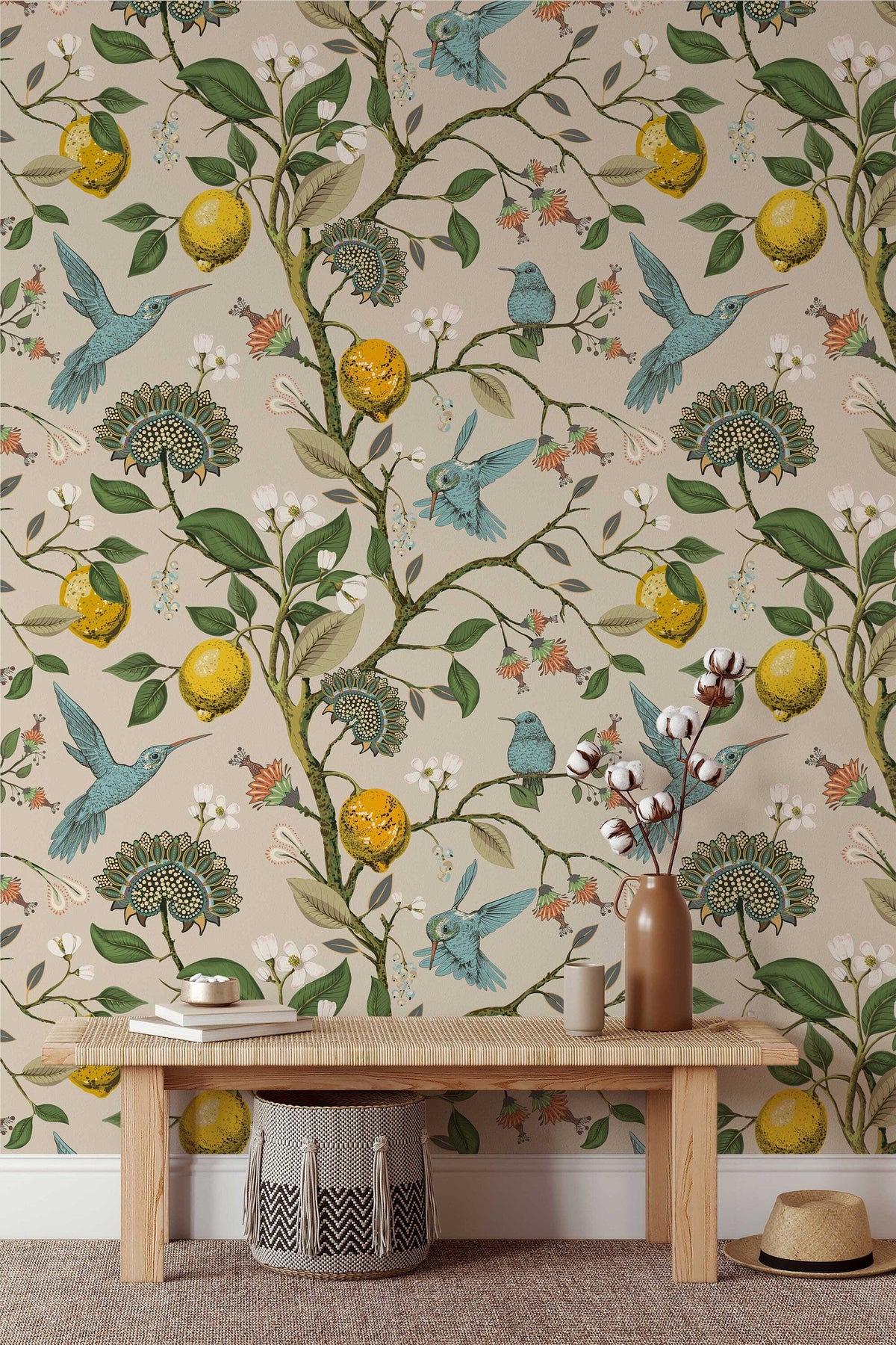 Lemon Grove Hummingbirds Wallpaper for Nursery or Kitchen | Peel and Stick or Traditional