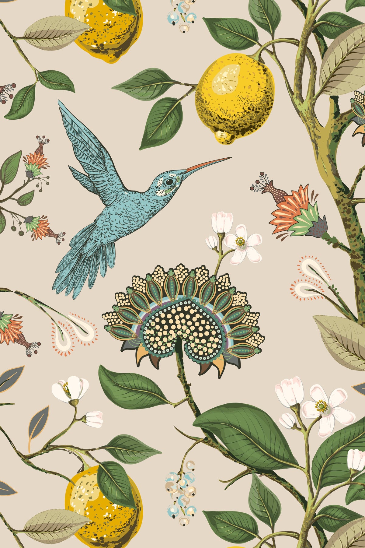 Lemon Grove Hummingbirds Wallpaper for Nursery or Kitchen | Peel and Stick or Traditional