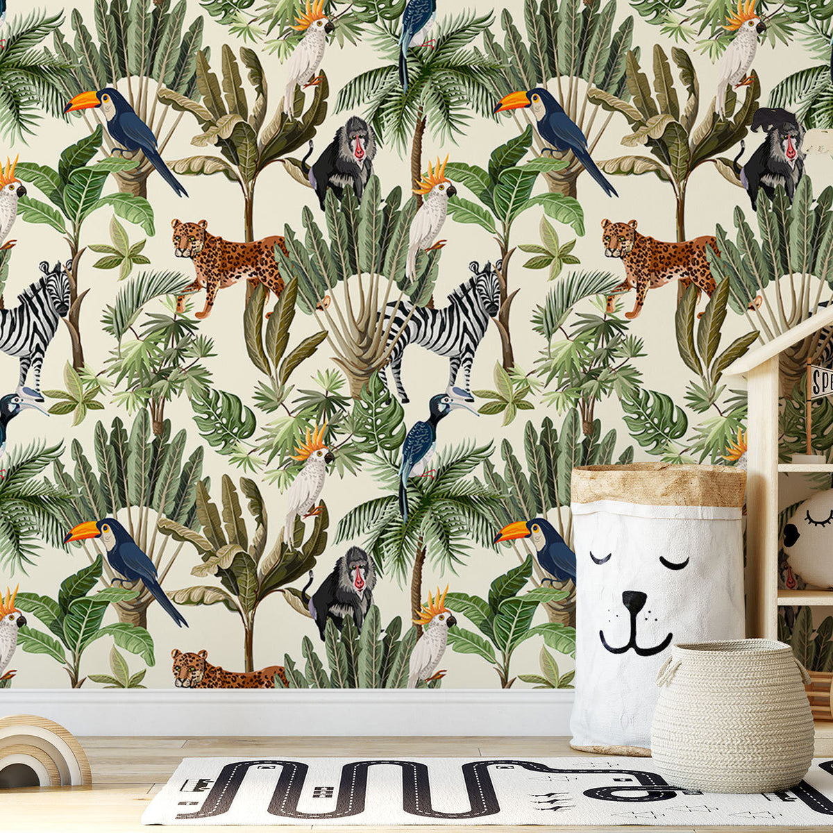 Playful Jungle Animals Watercolour Wallpaper for Nursery and Kids' Room Décor | Peel and Stick or Traditional