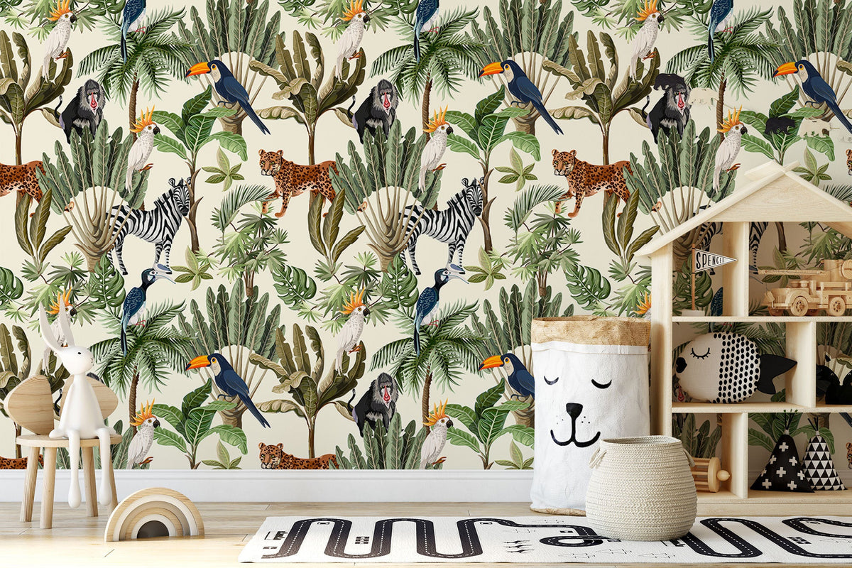 Playful Jungle Animals Watercolour Wallpaper for Nursery and Kids' Room Décor | Peel and Stick or Traditional