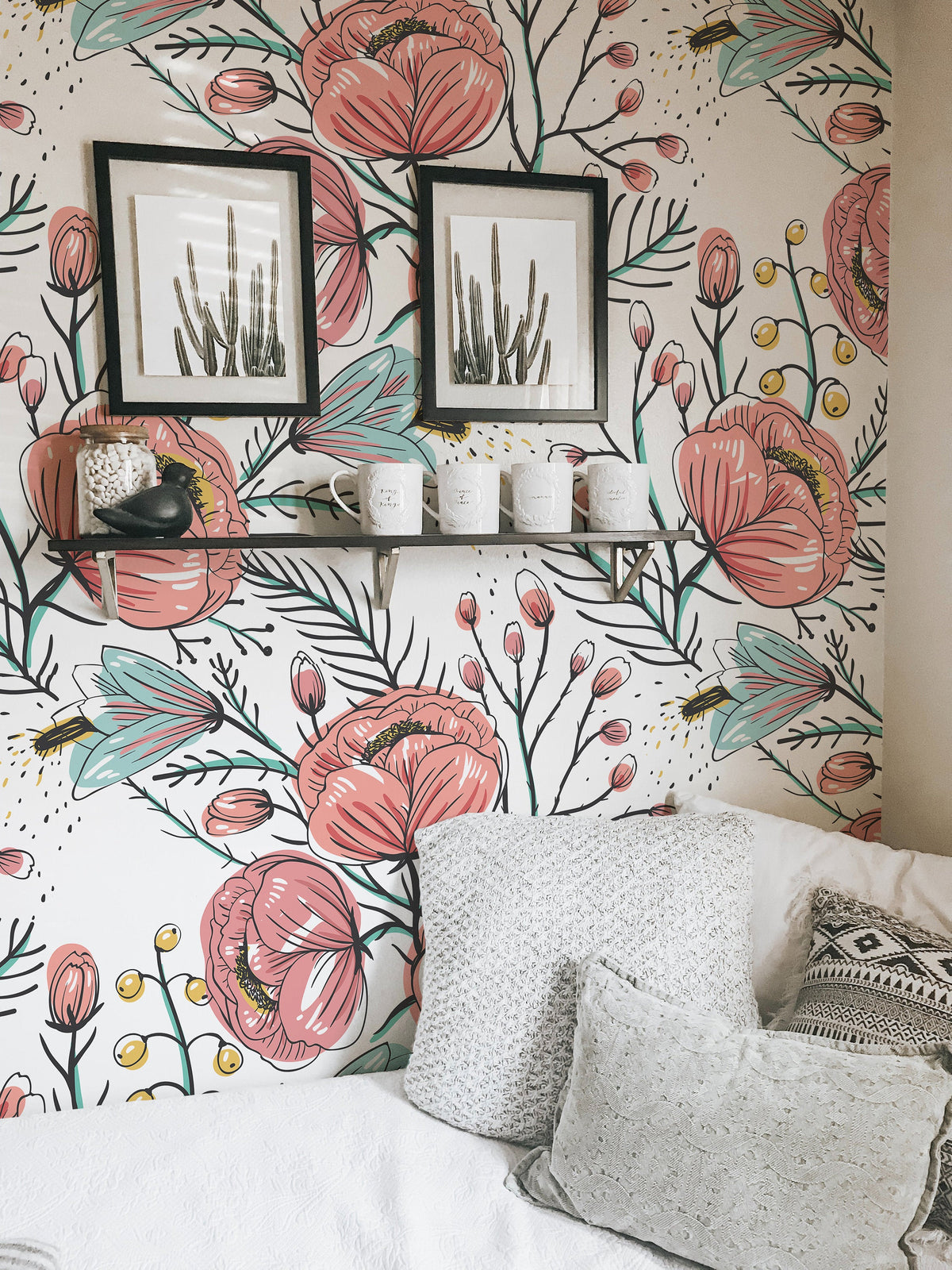 Anemone Fall Wallpaper | Floral Wall Mural | Poppy Flowers Wallpaper | Pink Wall Covering | Peel and Stick or Traditional