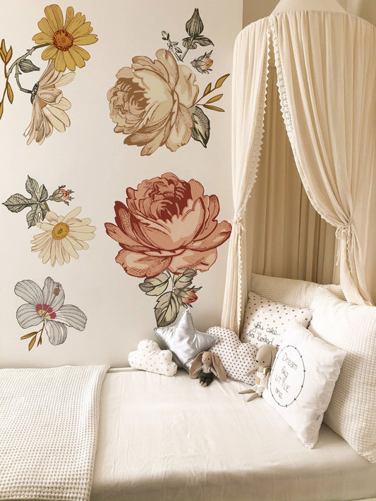 Soft Nursery Floral Wall Decal Wall Sticker for Kids Vintage Peony Flower