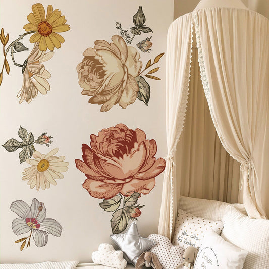 Soft Nursery Floral Wall Decal Wall Sticker for Kids Vintage Peony Flower